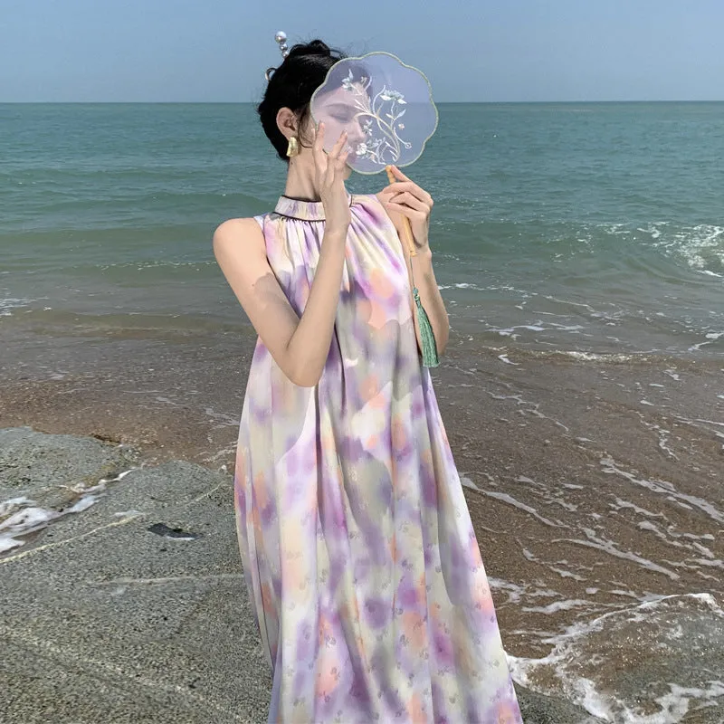 2025 Coffee break  sleeveless neck-hanging chiffon dress women's design sense niche a word loose seaside vacation dress