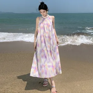 2025 Coffee break  sleeveless neck-hanging chiffon dress women's design sense niche a word loose seaside vacation dress
