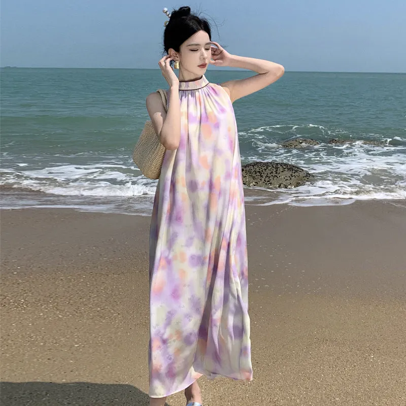 2025 Coffee break  sleeveless neck-hanging chiffon dress women's design sense niche a word loose seaside vacation dress