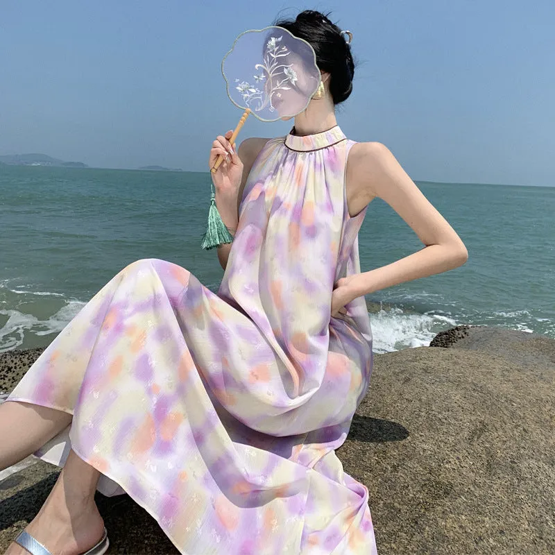 2025 Coffee break  sleeveless neck-hanging chiffon dress women's design sense niche a word loose seaside vacation dress