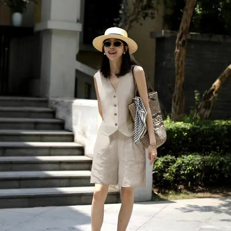 2025 High-end bamboo hemp vest shorts set women's new summer thin ramie outer wear small vest