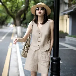 2025 High-end bamboo hemp vest shorts set women's new summer thin ramie outer wear small vest