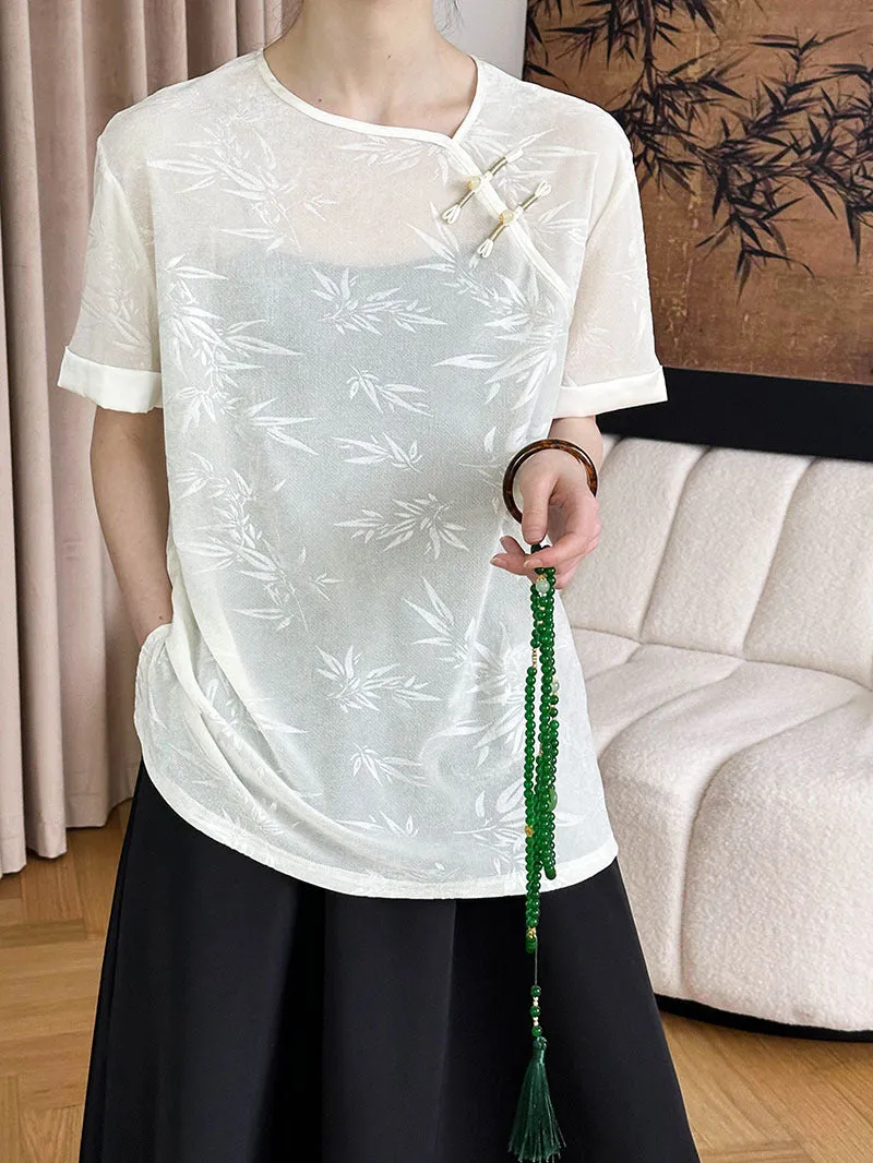 2025 popular spring and summer new light national style T-shirt women's retro new Chinese bamboo print crew neck top 2759