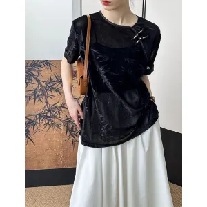 2025 popular spring and summer new light national style T-shirt women's retro new Chinese bamboo print crew neck top 2759