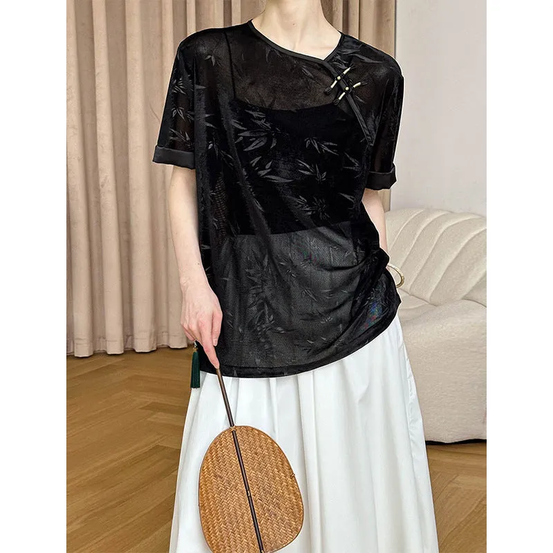2025 popular spring and summer new light national style T-shirt women's retro new Chinese bamboo print crew neck top 2759