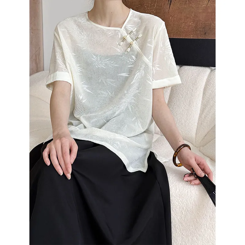 2025 popular spring and summer new light national style T-shirt women's retro new Chinese bamboo print crew neck top 2759