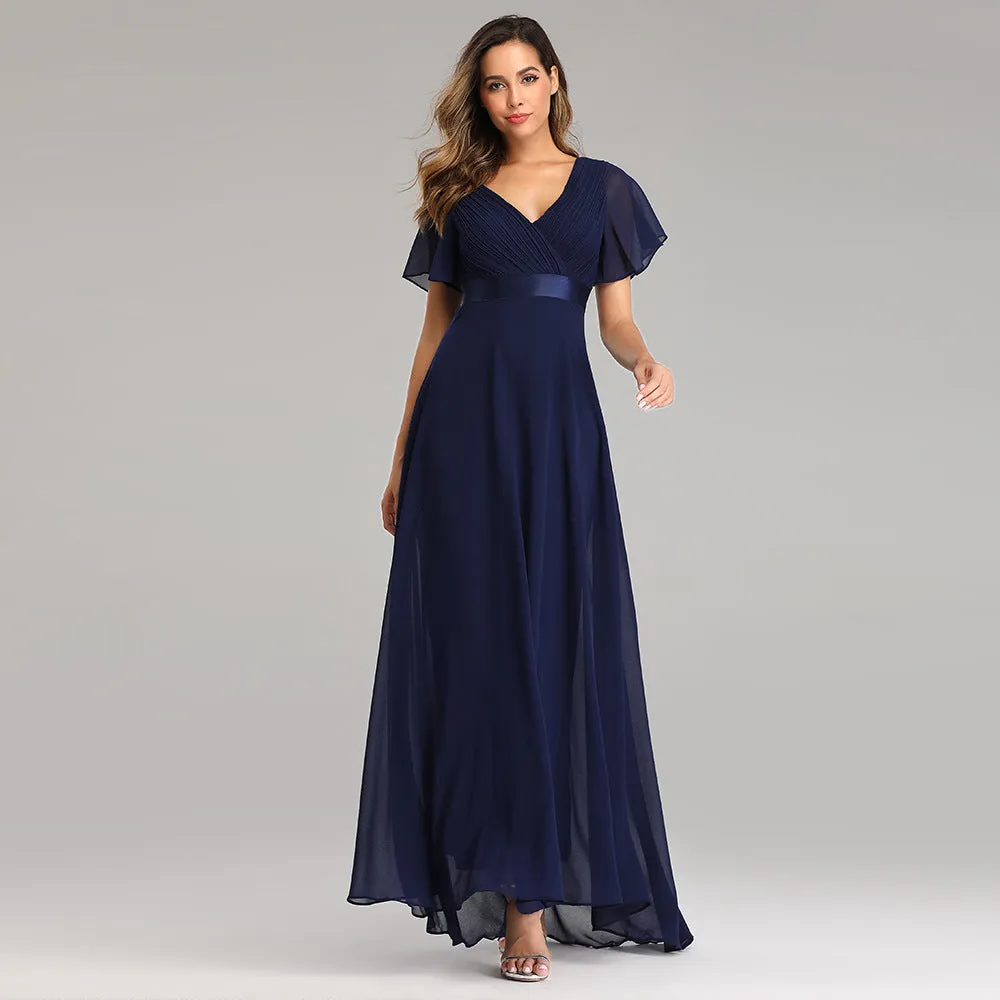 2025Popular trade big pendulum V-neck horn sleeve dress  new chiffon banquet bridesmaid dress large size evening dress