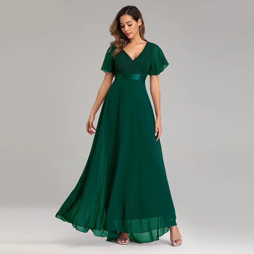 2025Popular trade big pendulum V-neck horn sleeve dress  new chiffon banquet bridesmaid dress large size evening dress