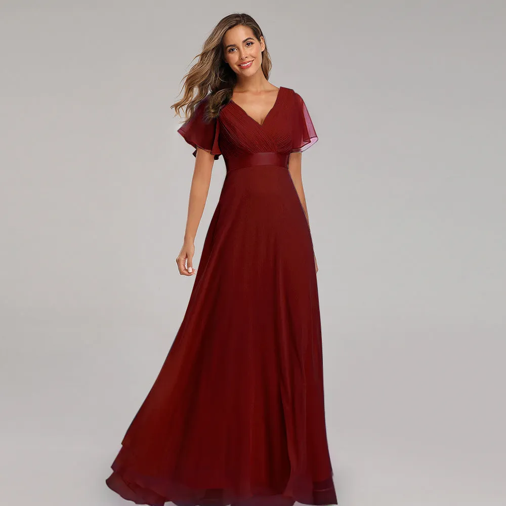 2025Popular trade big pendulum V-neck horn sleeve dress  new chiffon banquet bridesmaid dress large size evening dress