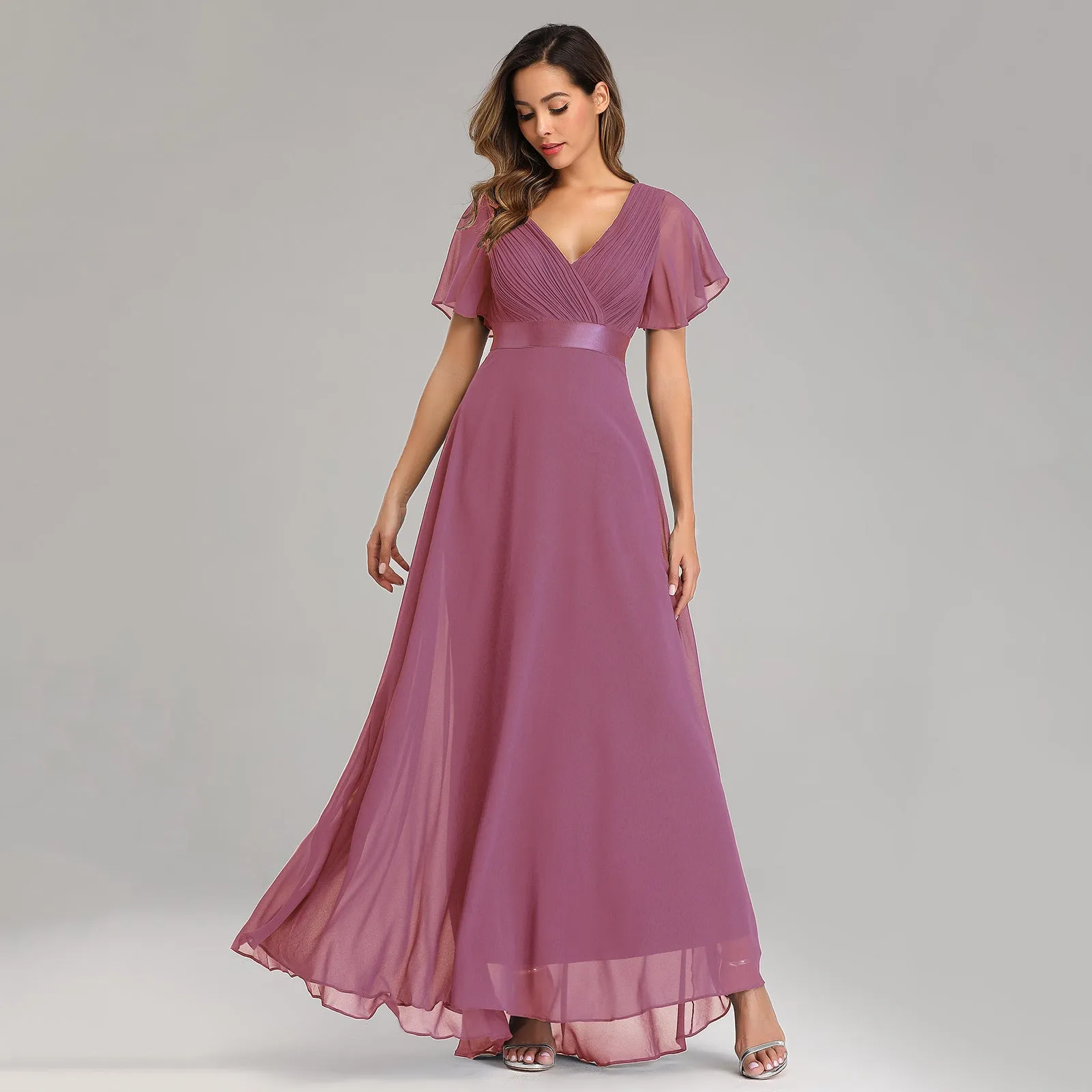 2025Popular trade big pendulum V-neck horn sleeve dress  new chiffon banquet bridesmaid dress large size evening dress
