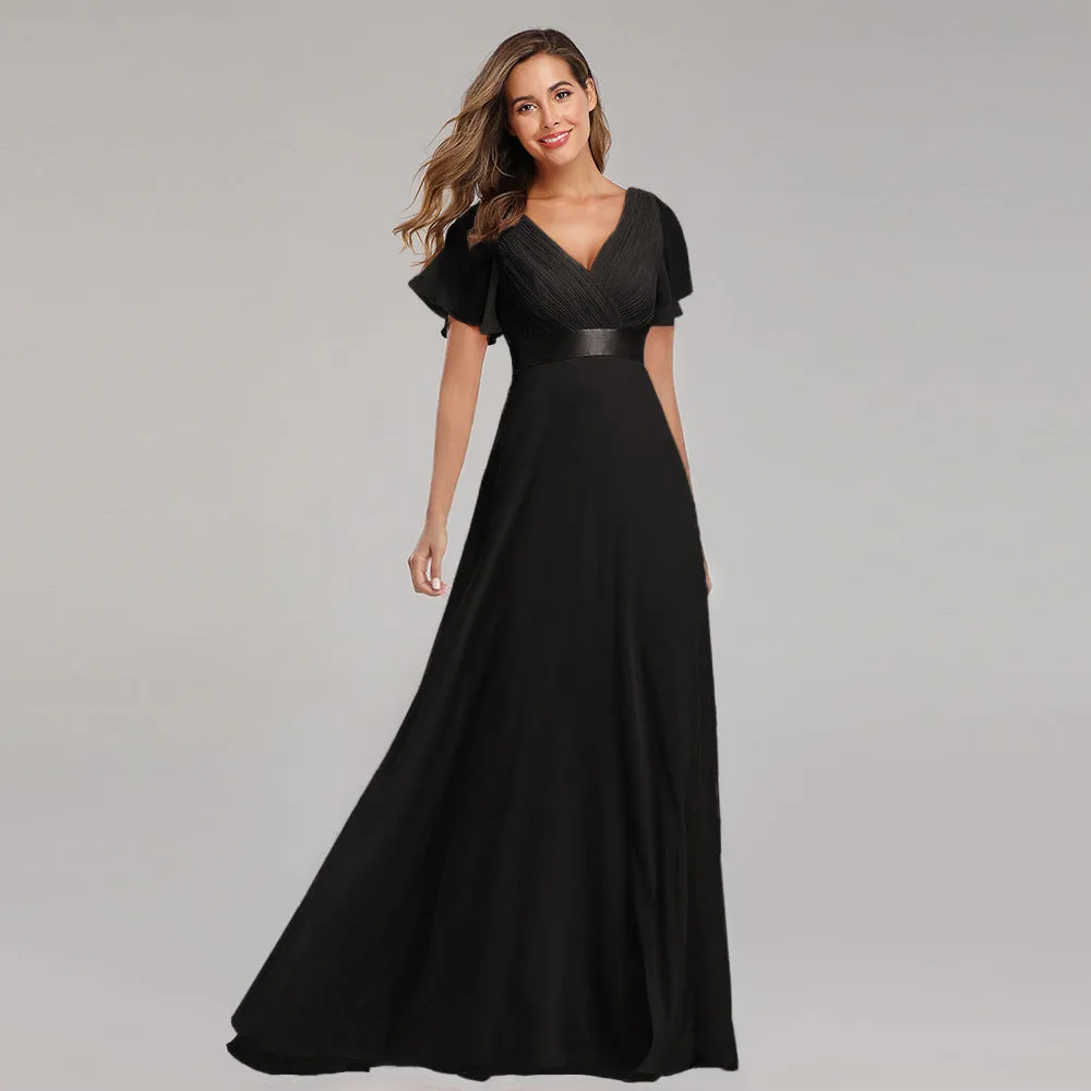 2025Popular trade big pendulum V-neck horn sleeve dress  new chiffon banquet bridesmaid dress large size evening dress