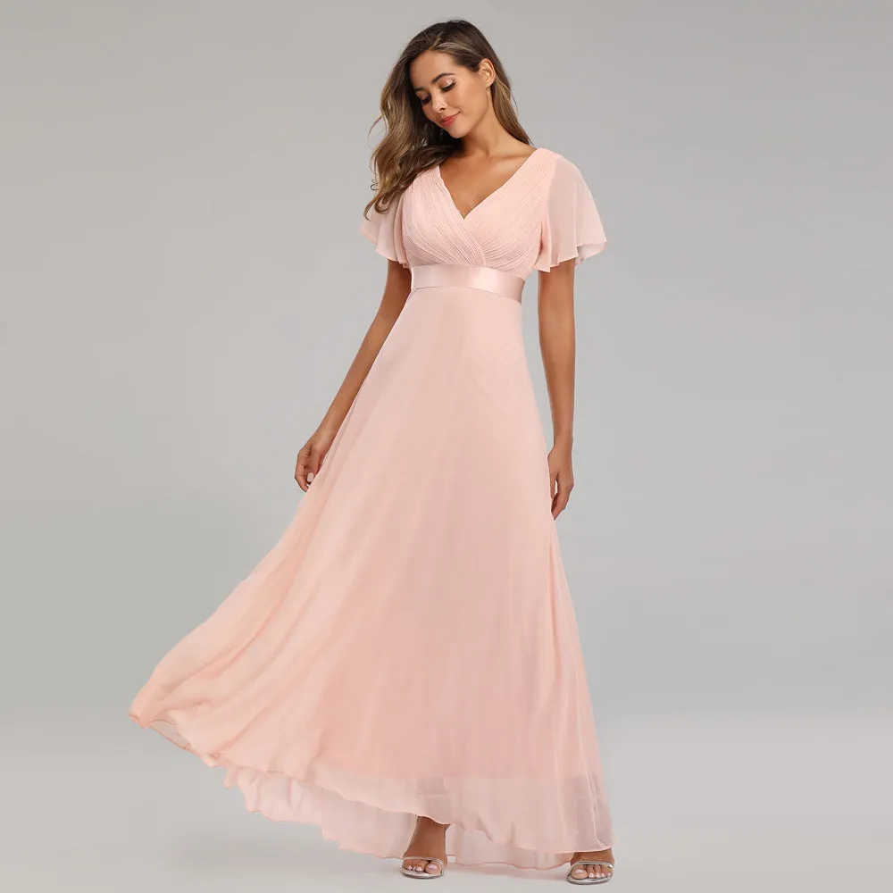 2025Popular trade big pendulum V-neck horn sleeve dress  new chiffon banquet bridesmaid dress large size evening dress