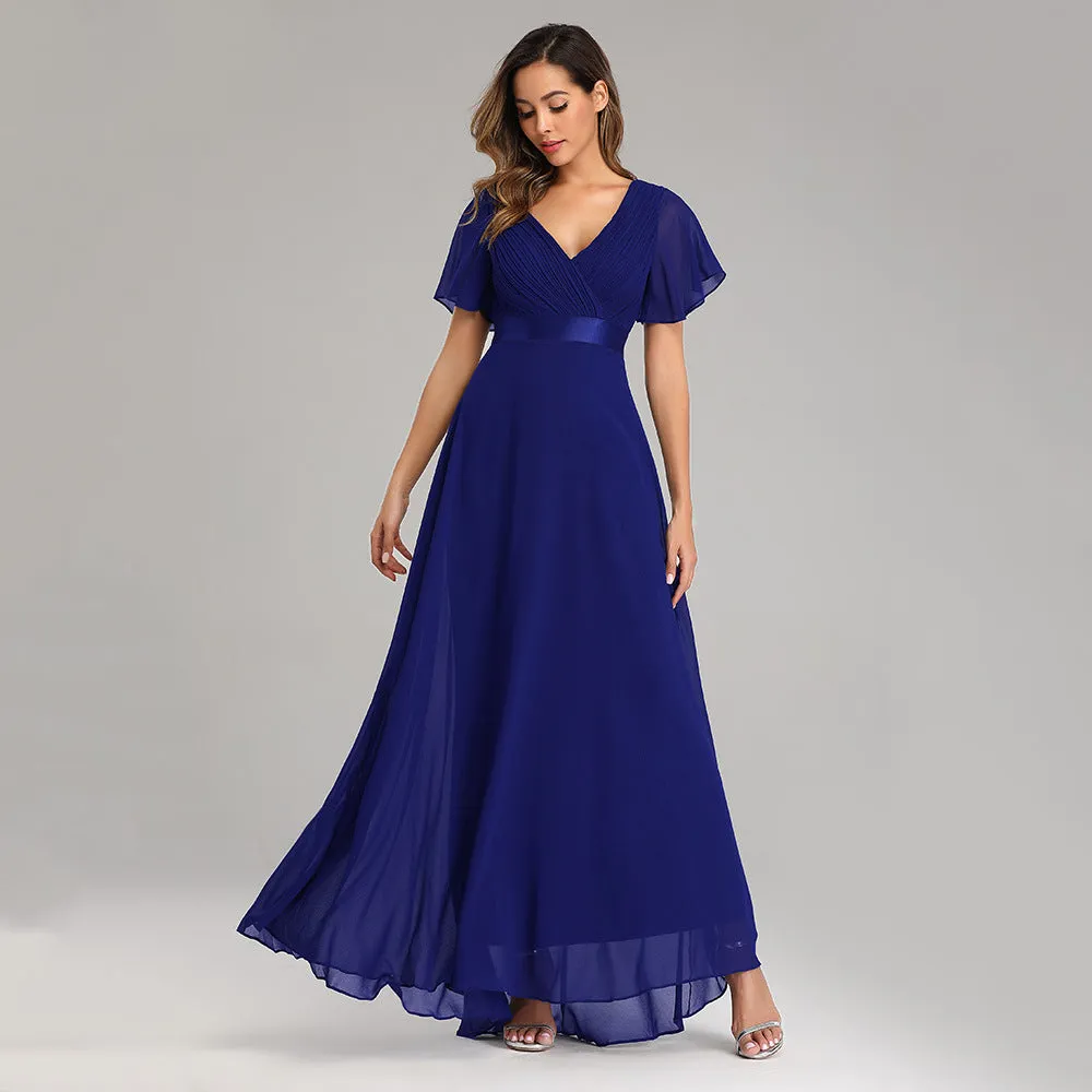 2025Popular trade big pendulum V-neck horn sleeve dress  new chiffon banquet bridesmaid dress large size evening dress