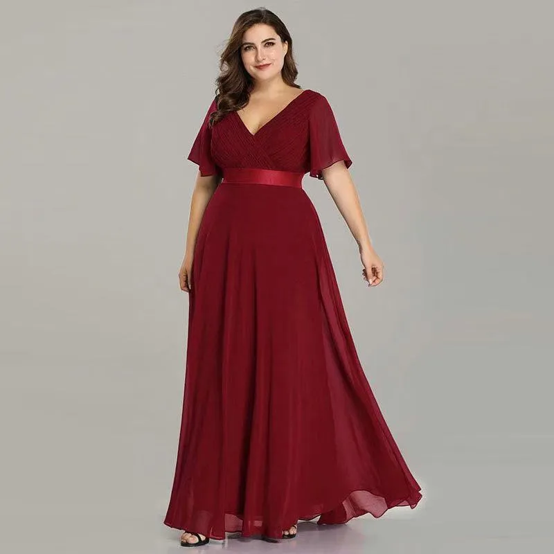 2025Popular trade big pendulum V-neck horn sleeve dress  new chiffon banquet bridesmaid dress large size evening dress
