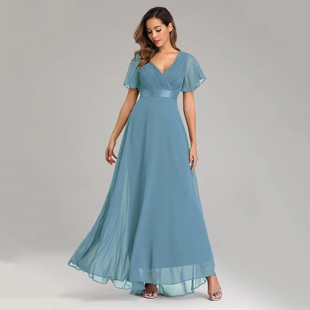 2025Popular trade big pendulum V-neck horn sleeve dress  new chiffon banquet bridesmaid dress large size evening dress