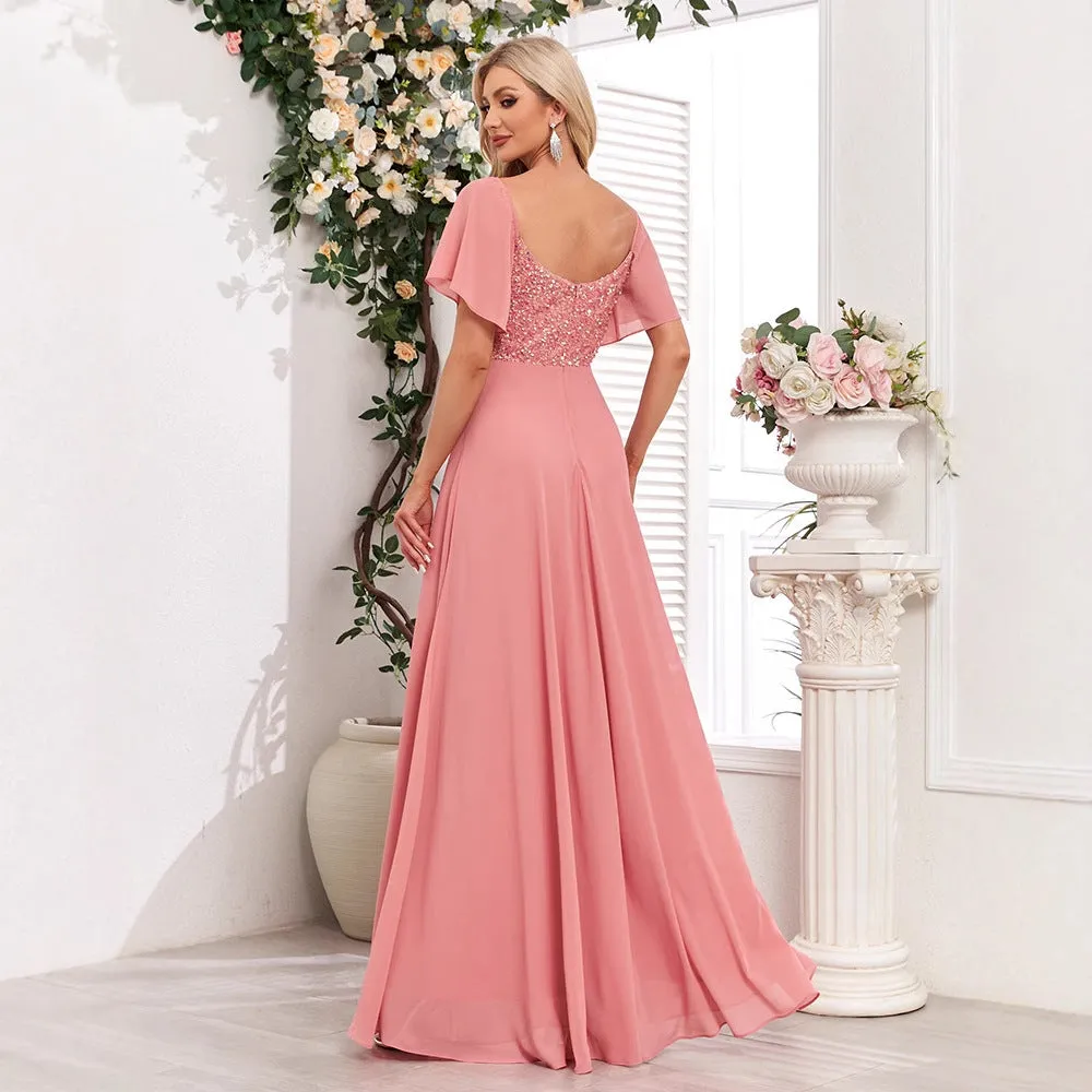 2025square collar short-sleeved backless pink evening dress A-shaped sequin splicing chiffon party dance long dress
