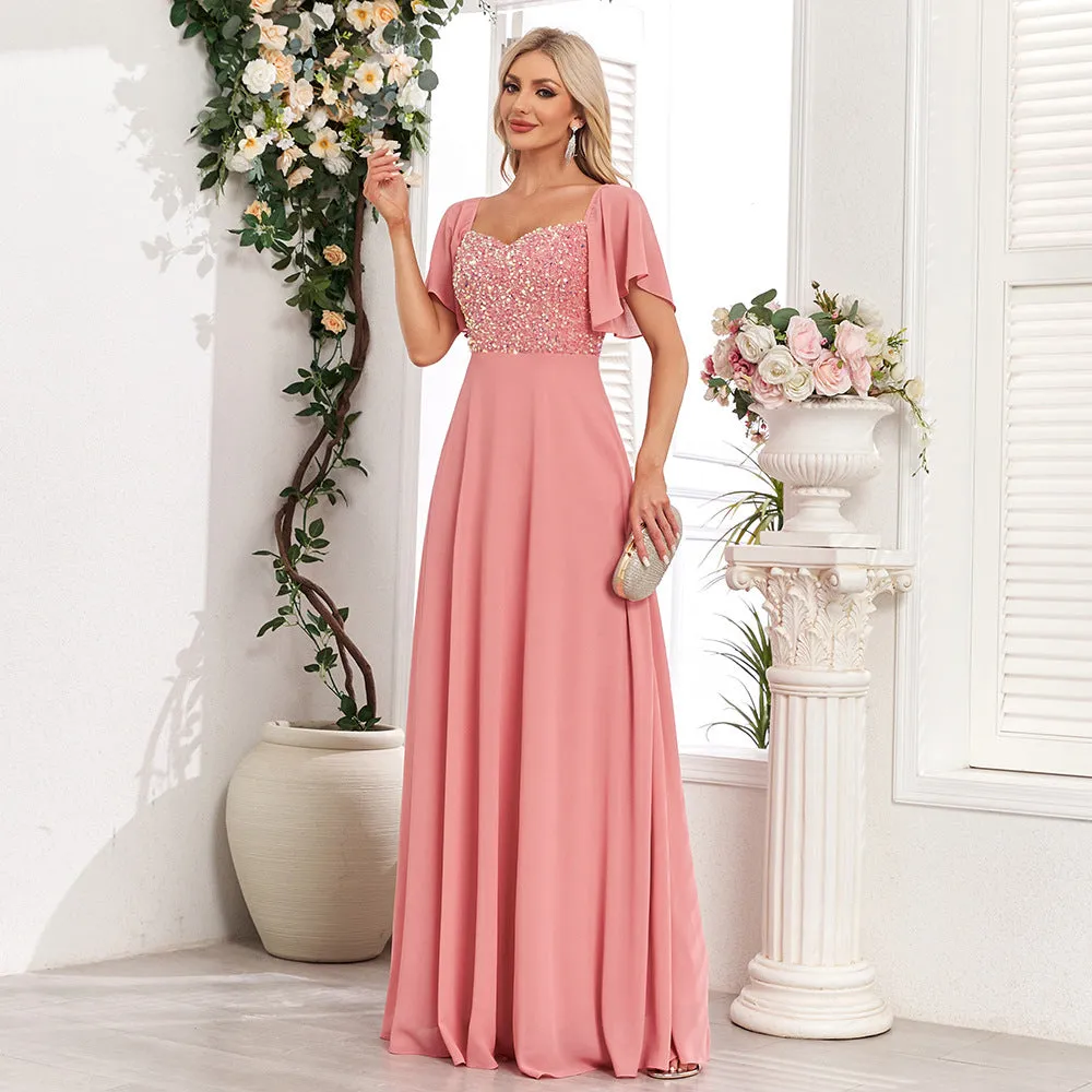 2025square collar short-sleeved backless pink evening dress A-shaped sequin splicing chiffon party dance long dress
