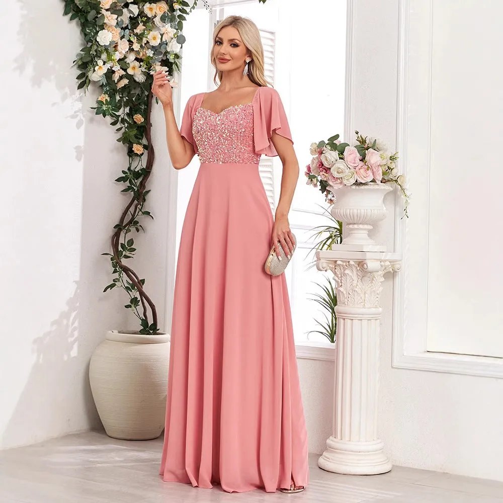 2025square collar short-sleeved backless pink evening dress A-shaped sequin splicing chiffon party dance long dress