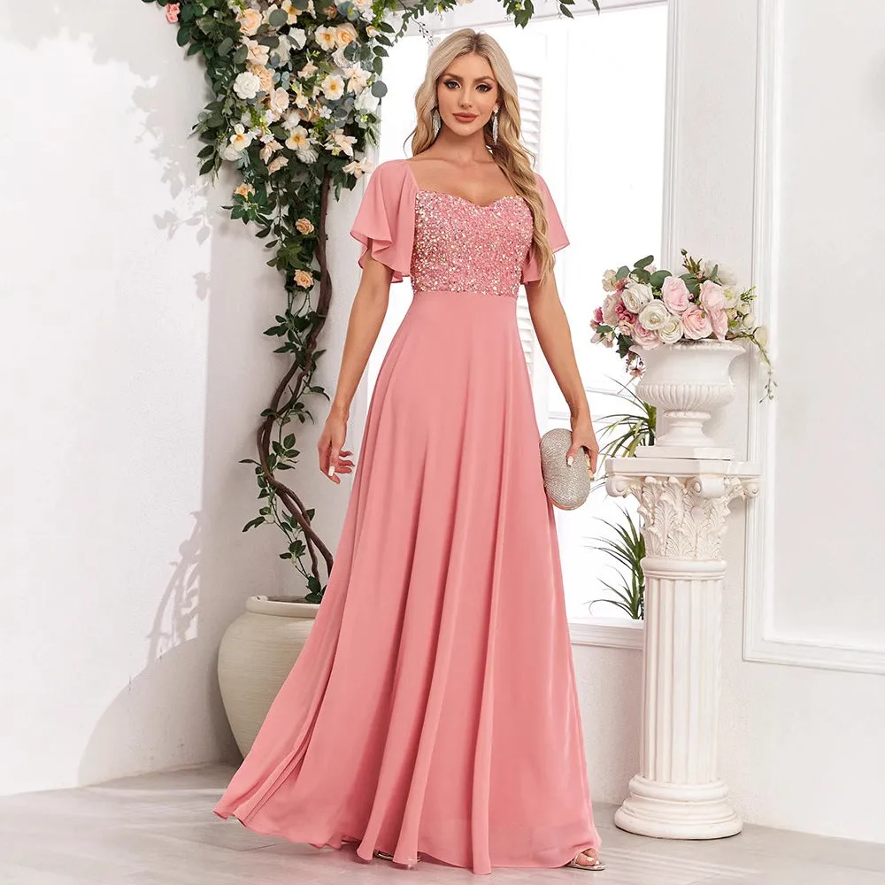 2025square collar short-sleeved backless pink evening dress A-shaped sequin splicing chiffon party dance long dress