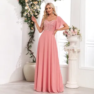 2025square collar short-sleeved backless pink evening dress A-shaped sequin splicing chiffon party dance long dress