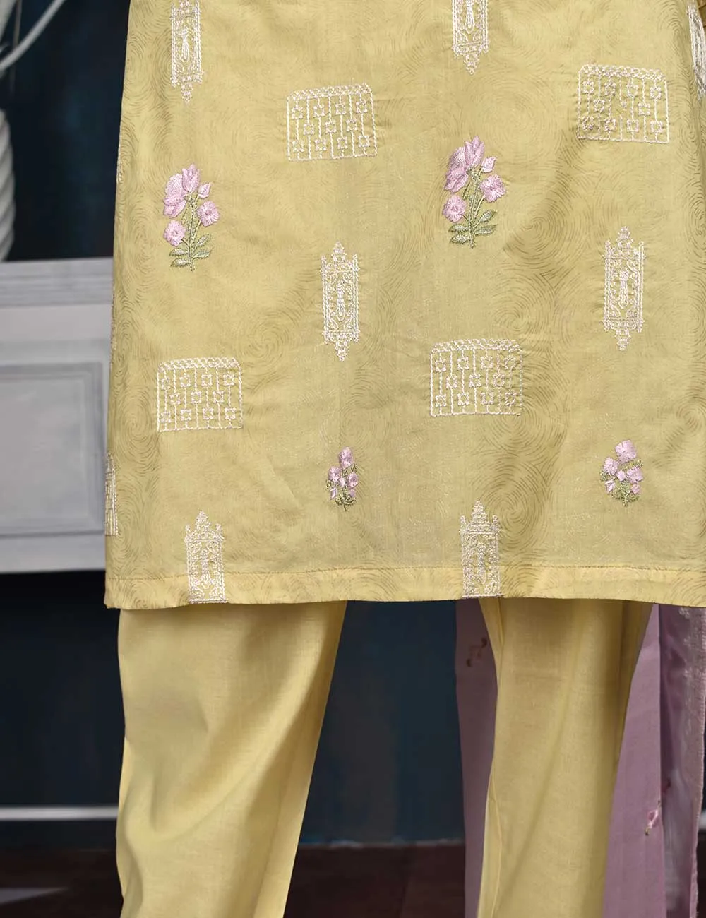3 Pc Printed and Embroidered Cotton Dress with Embroidered Chiffon Dupatta - Eyebrow (CE-2A-Lemon)