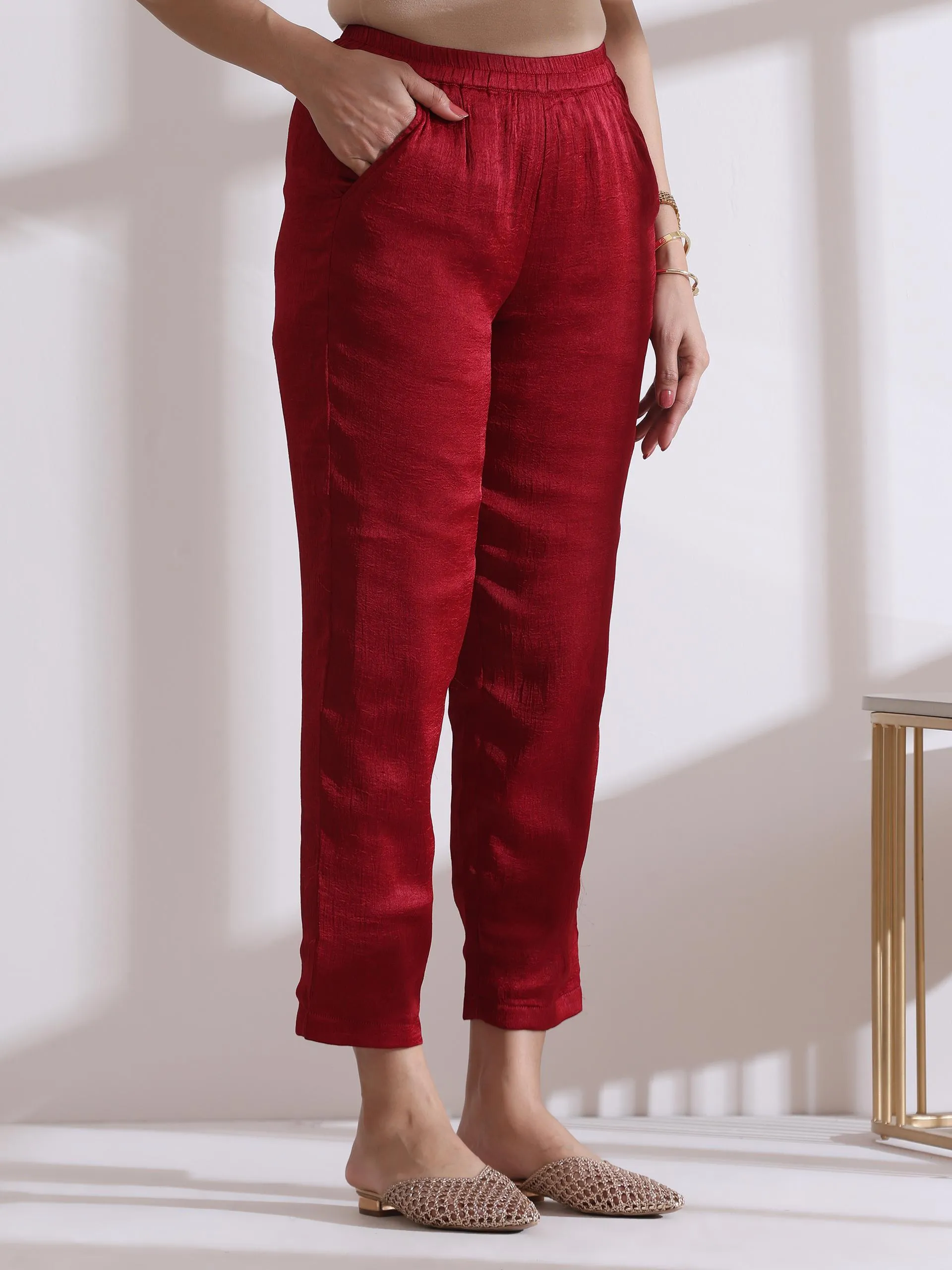 3 Pc Set - Dual Shade Maroon Butter Chiffon With High Slit And Embroidery With Matching Pants And Dupatta