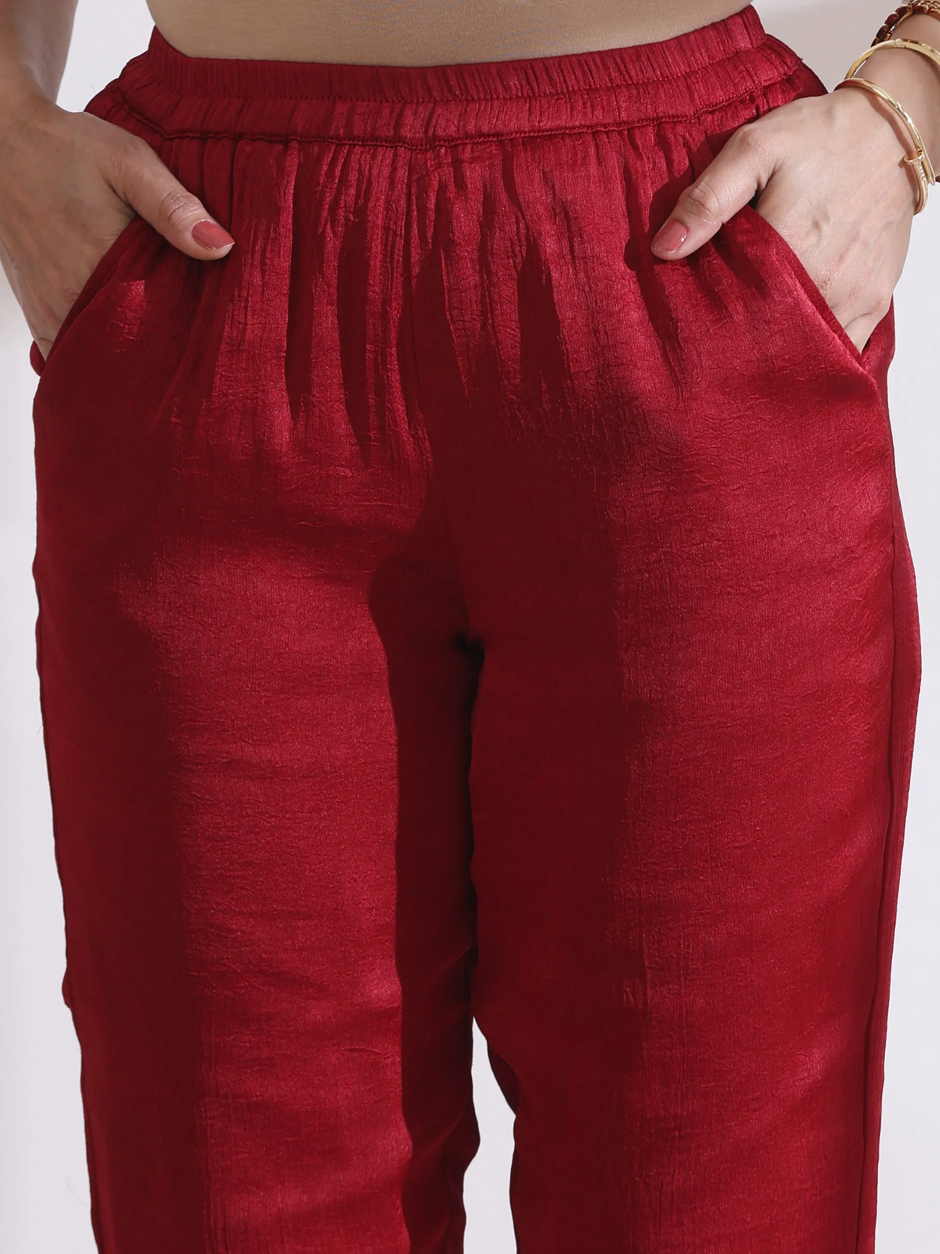 3 Pc Set - Dual Shade Maroon Butter Chiffon With High Slit And Embroidery With Matching Pants And Dupatta