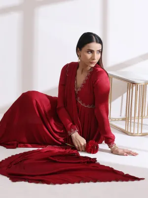 3 Pc Set - Dual Shade Maroon Butter Chiffon With High Slit And Embroidery With Matching Pants And Dupatta
