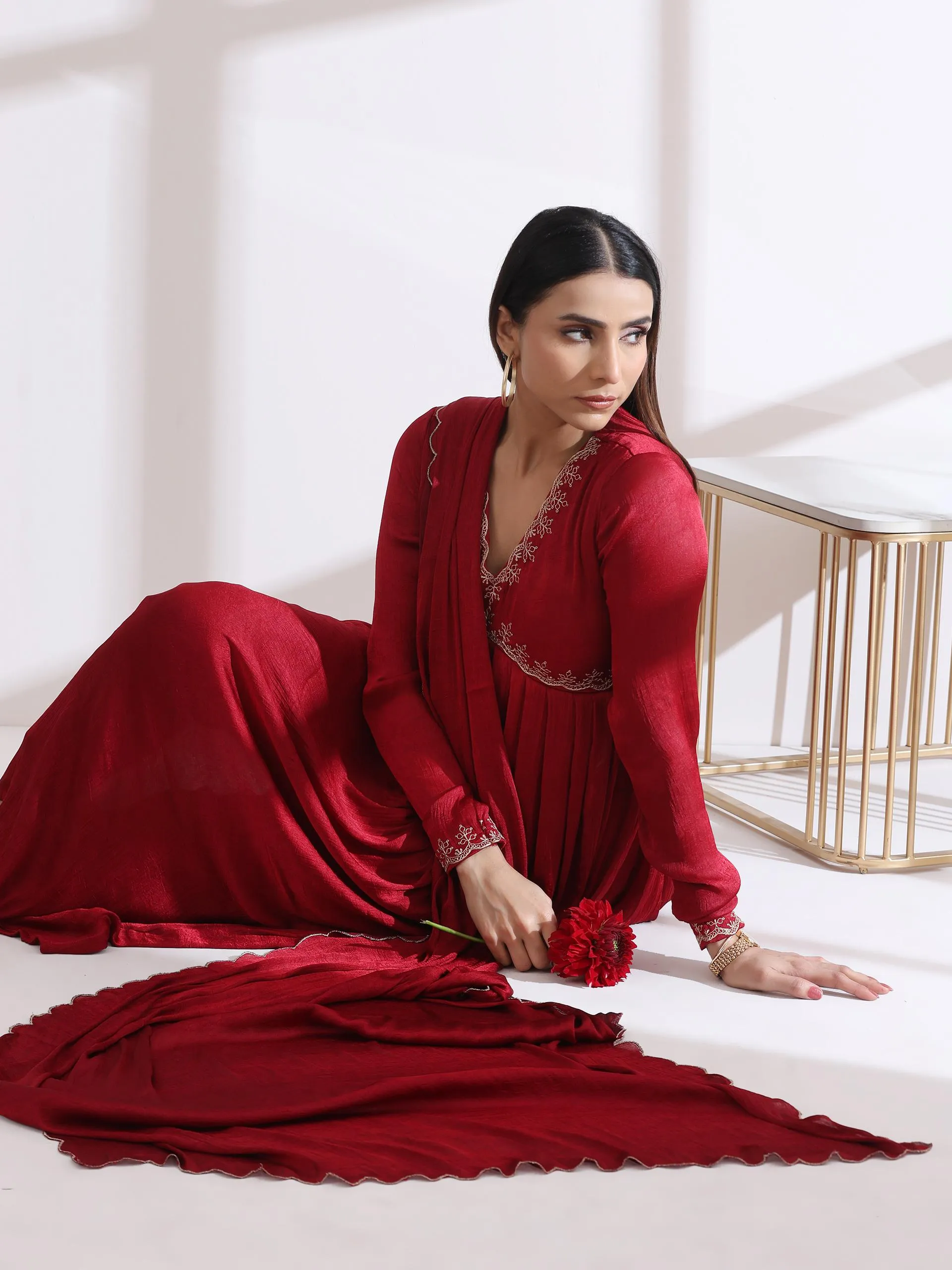 3 Pc Set - Dual Shade Maroon Butter Chiffon With High Slit And Embroidery With Matching Pants And Dupatta