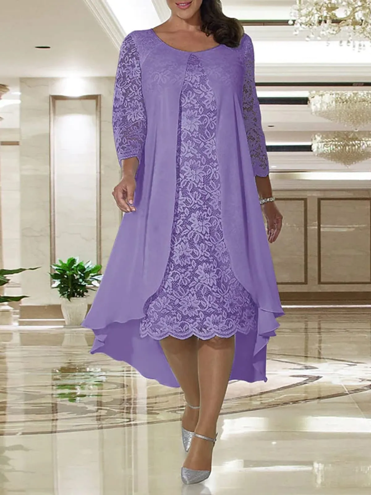 A-line Hi Low Chiffon Lace Long Sleeve Mother of Bride Dress