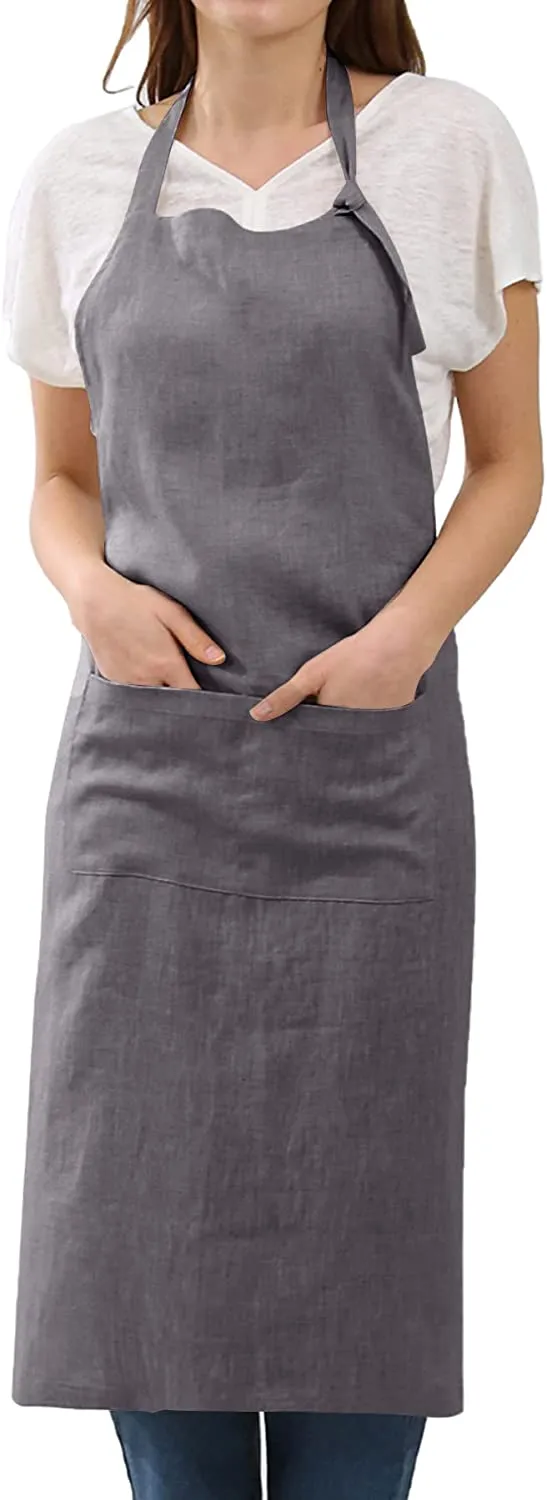 Amazhiyu Pure Linen Kitchen Apron with Pockets
