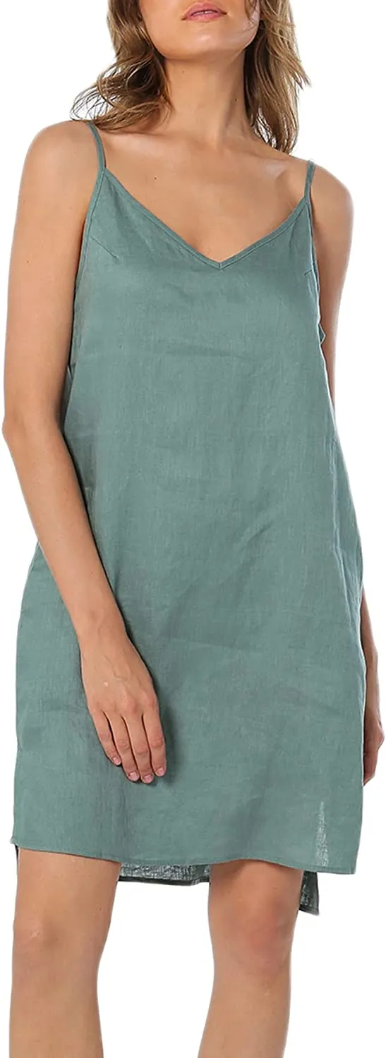 Amazhyu 100% Linen Spaghetti Strap Dresses with Slit