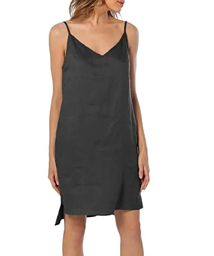 Amazhyu 100% Linen Spaghetti Strap Dresses with Slit