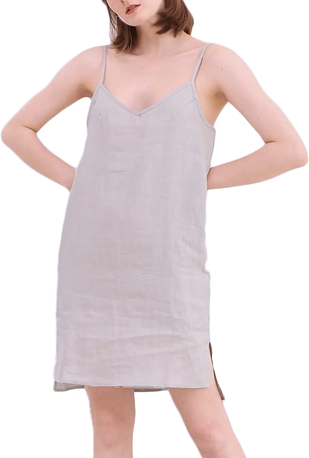 Amazhyu 100% Linen Spaghetti Strap Dresses with Slit