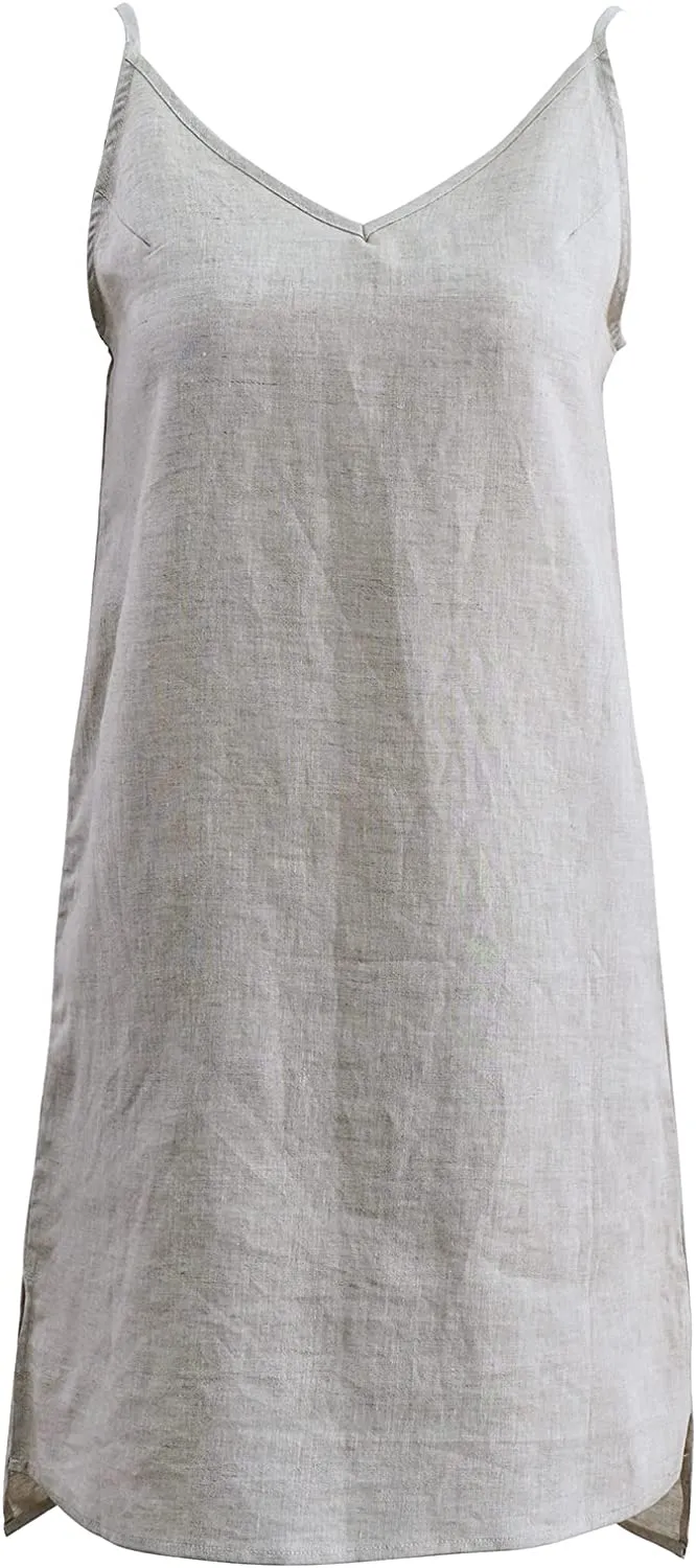 Amazhyu 100% Linen Spaghetti Strap Dresses with Slit
