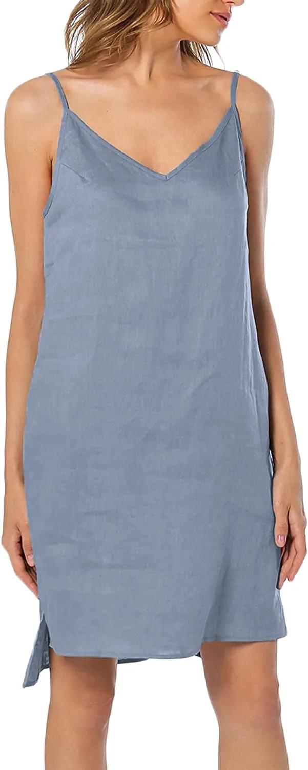 Amazhyu 100% Linen Spaghetti Strap Dresses with Slit