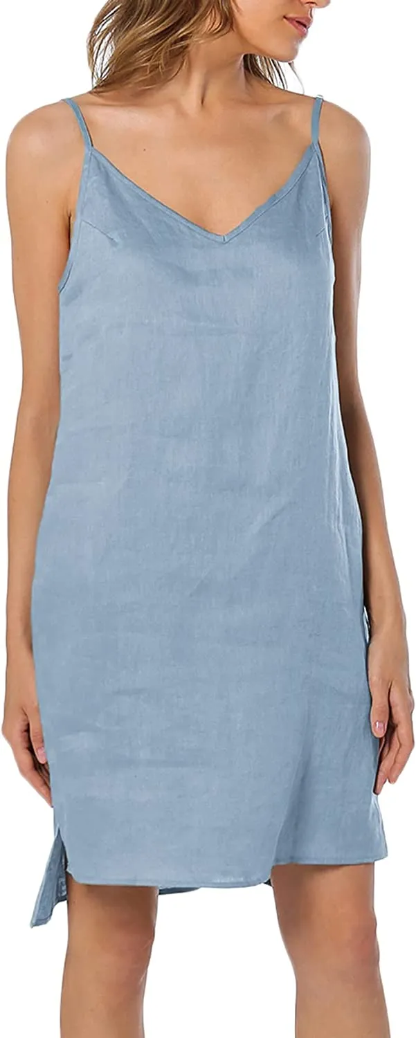 Amazhyu 100% Linen Spaghetti Strap Dresses with Slit
