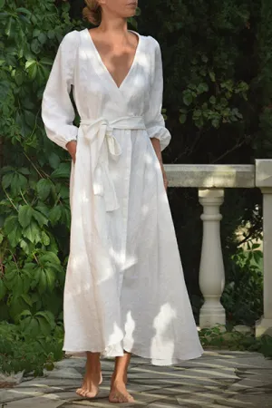 Anaïs Linen Wrap Dress in White (Pre-Order, Ships April 15)