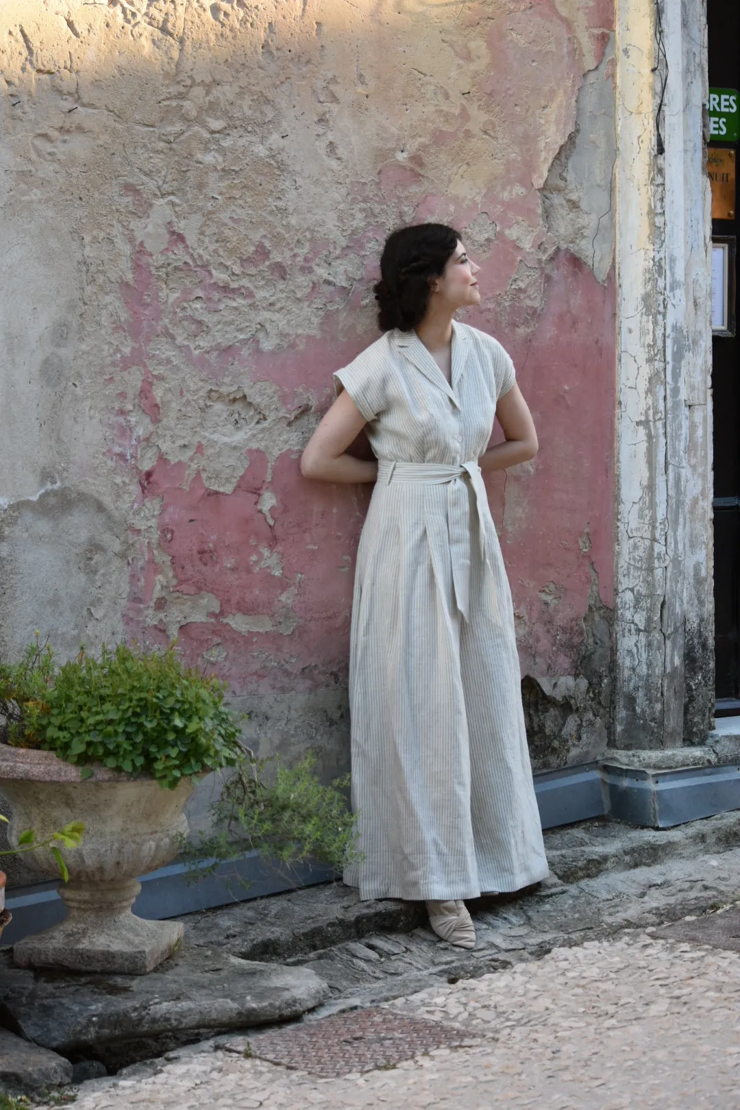 Audrey Linen Jumpsuit - Beige Stripes (Pre-Order, Ships April 30)