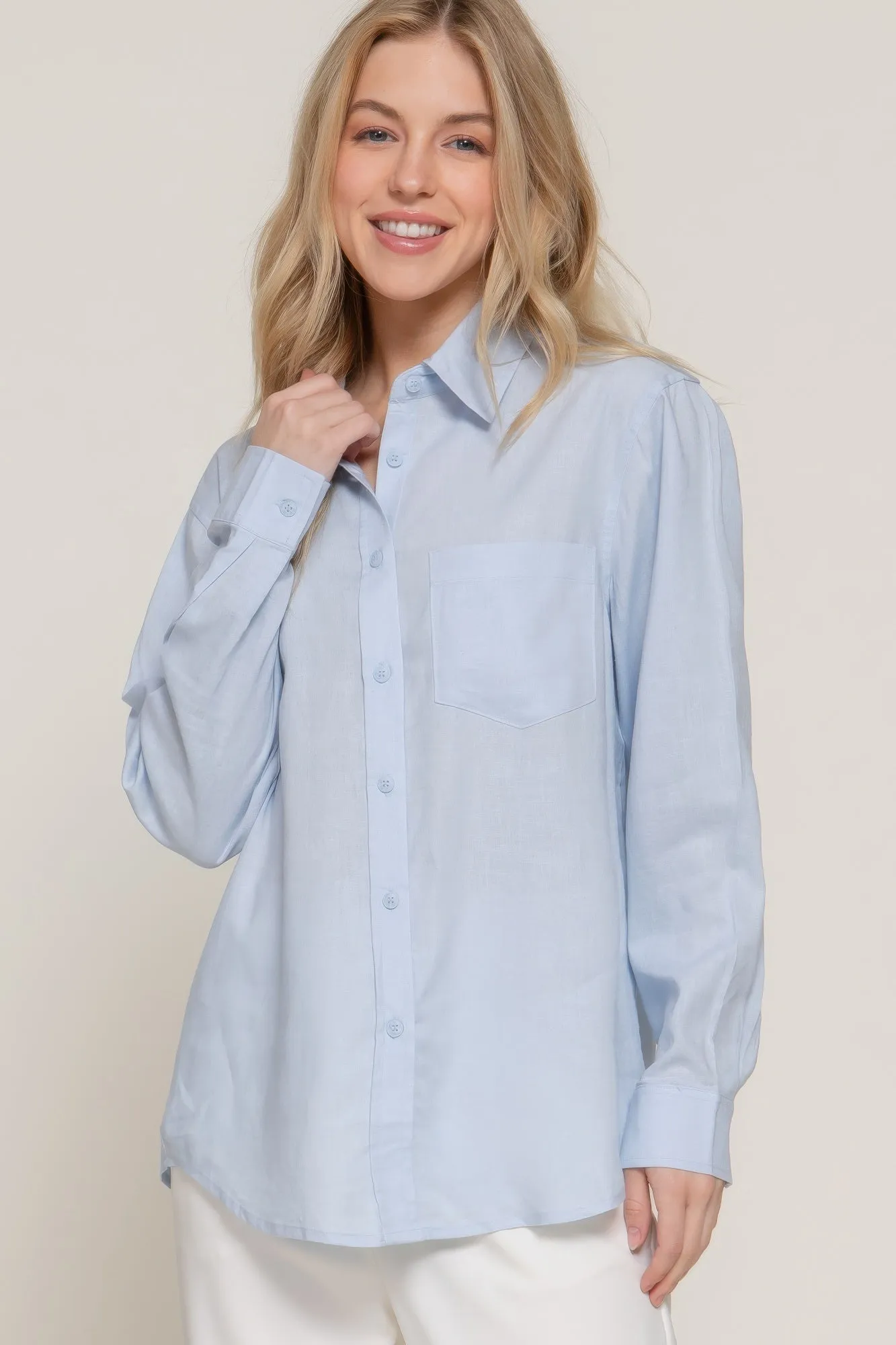 Baby Blue Long Sleeve Linen Blend Shirt