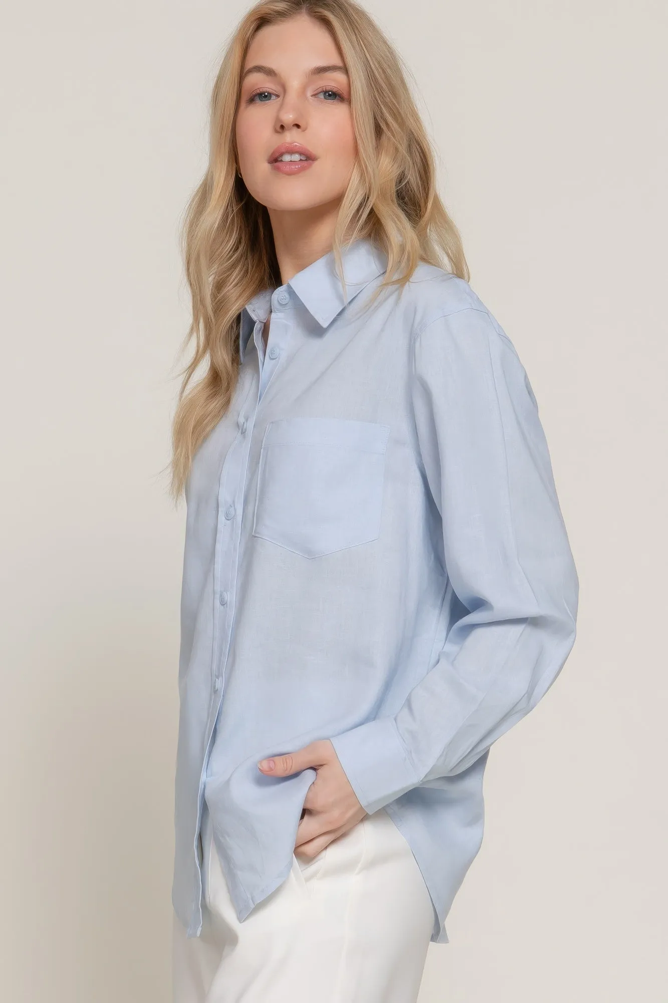Baby Blue Long Sleeve Linen Blend Shirt
