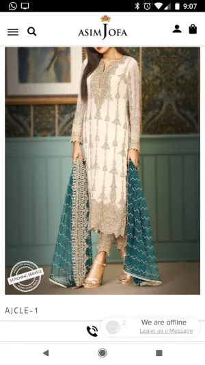 Beautiful chiffon dress by asim jofa in offwhite and sea green color Model # C 1221