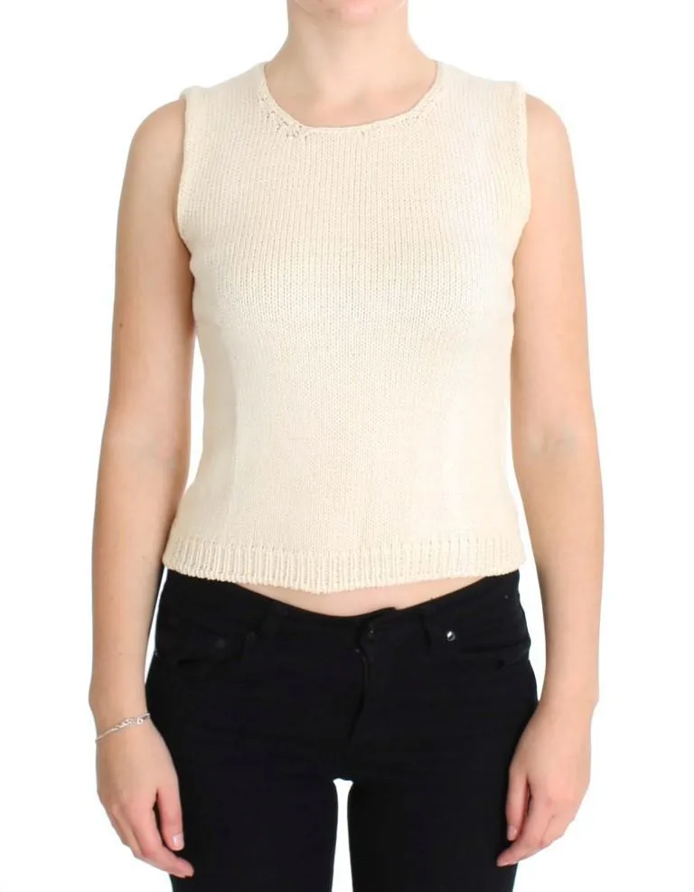 Beige Cotton Blend Knitted Sleeveless Sweater