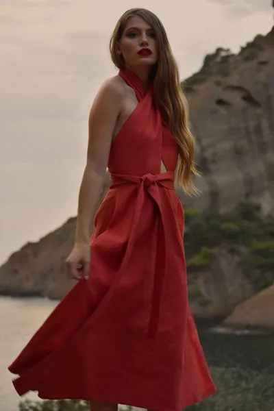 Bianca Linen Criss Cross Halter Dress in Terracotta (Pre-Order, Ships April 15)