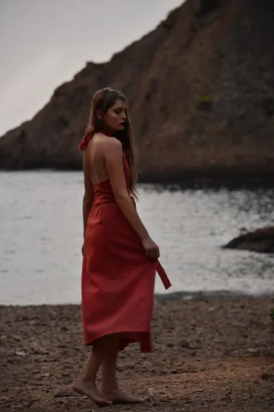 Bianca Linen Criss Cross Halter Dress in Terracotta (Pre-Order, Ships April 15)