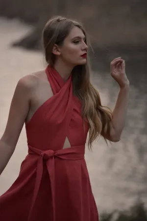 Bianca Linen Criss Cross Halter Dress in Terracotta (Pre-Order, Ships April 15)