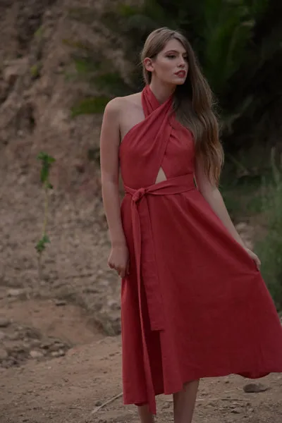 Bianca Linen Criss Cross Halter Dress in Terracotta (Pre-Order, Ships April 15)