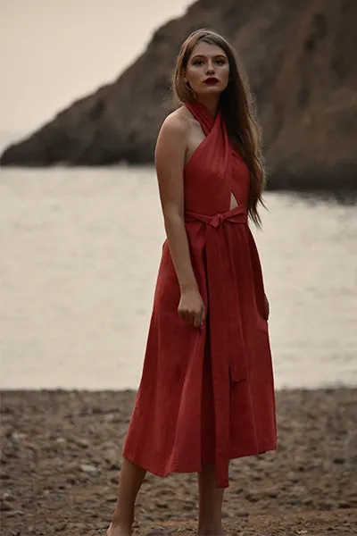 Bianca Linen Criss Cross Halter Dress in Terracotta (Pre-Order, Ships April 15)