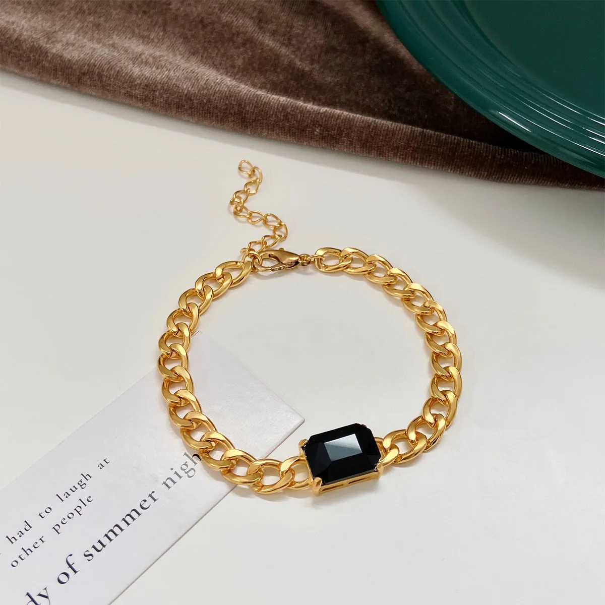 Black Crystal & 18K Gold-Plated Curb Chain Bracelet