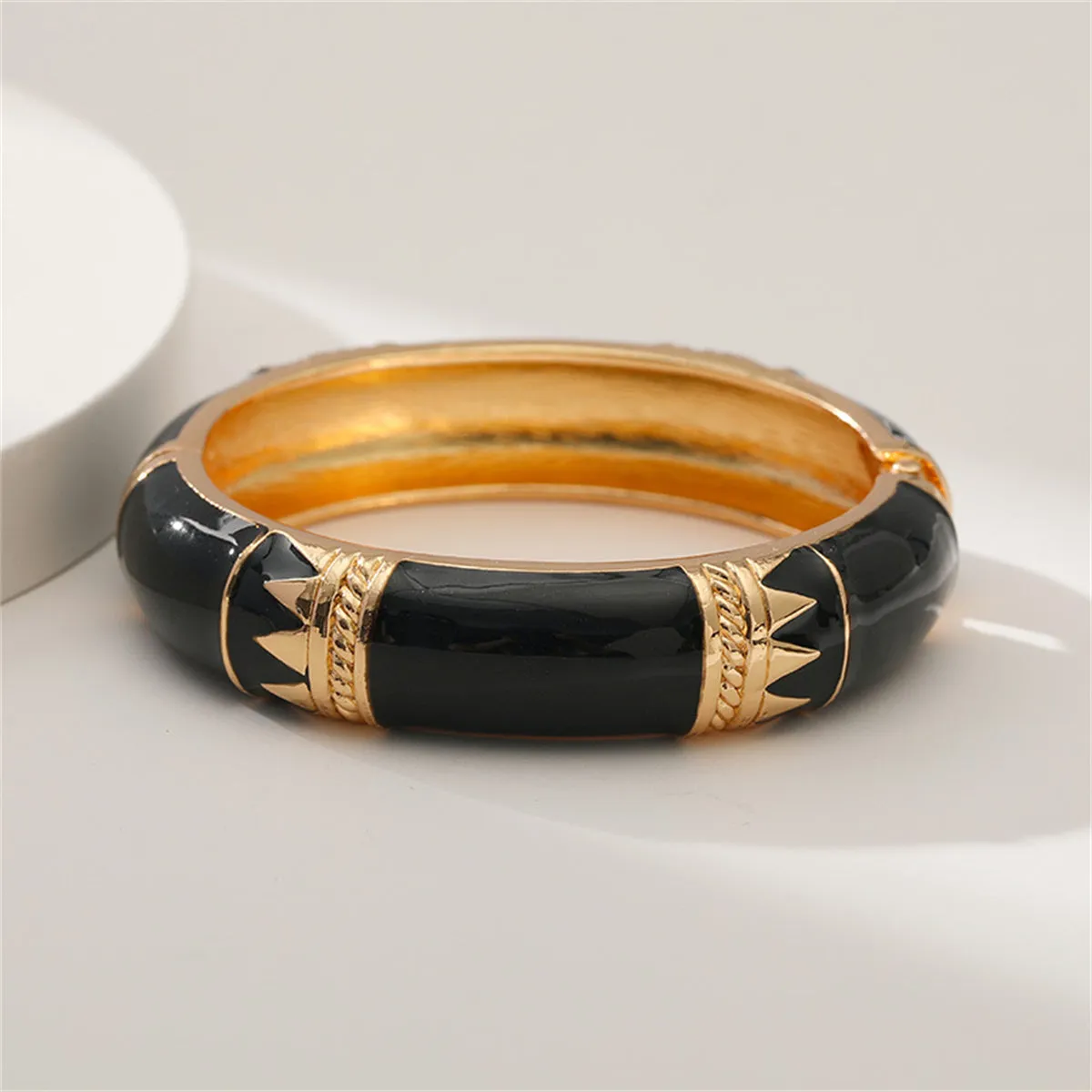 Black Enamel & 18K Gold-Plated Geometric Bamboo Bangle